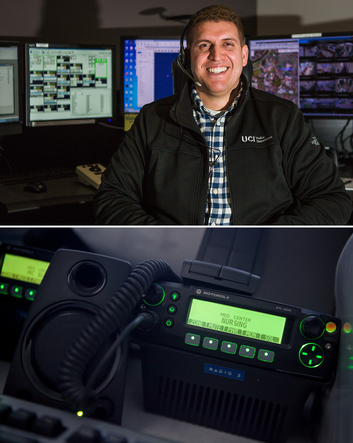 A female UCIPD dispatcher works inside the dispatch center as she smiles at the computer screen