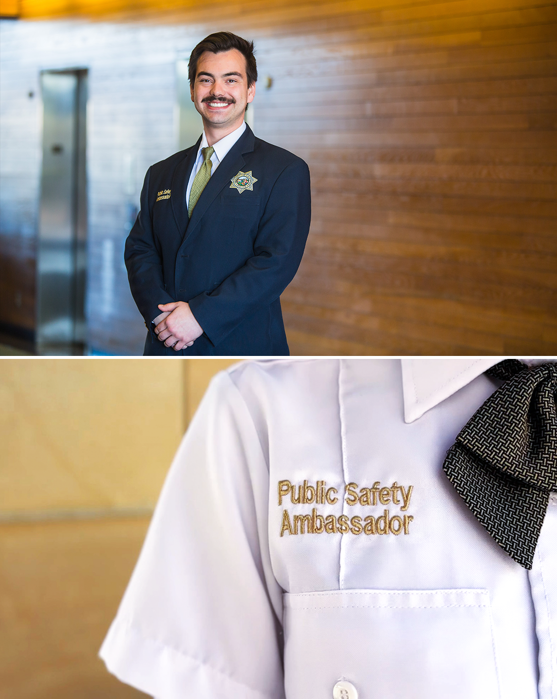 First photo is a public safety ambassador smiling at the camera. Second photo is a close up of the uniform with Public Safety Ambassador embroidery